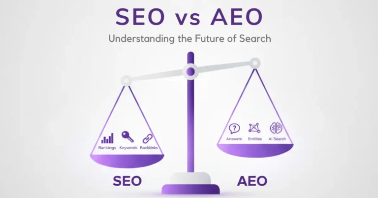 Landscape graphic for SEO vs AEO explaining the difference between traditional search optimization and answer engine optimization