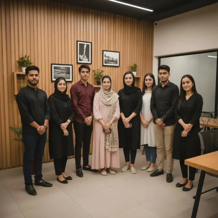 The NexPrime Agency team standing together in a modern office, dressed in professional attire.