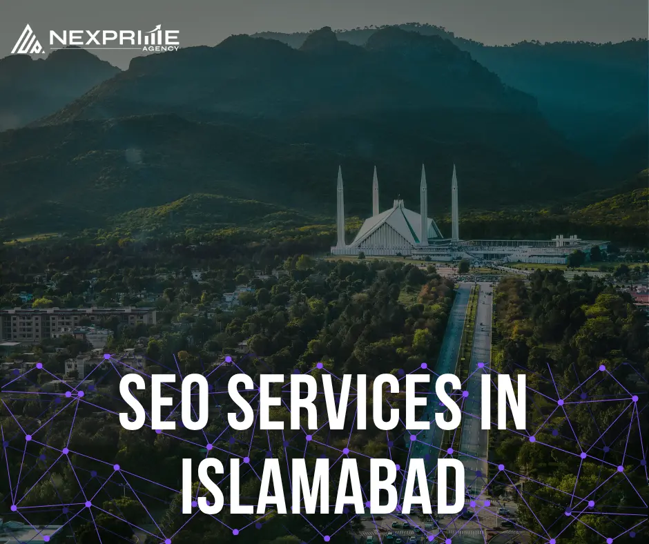 An image showcasing SEO services in Islamabad with a background of the Faisal Mosque and the city skyline.