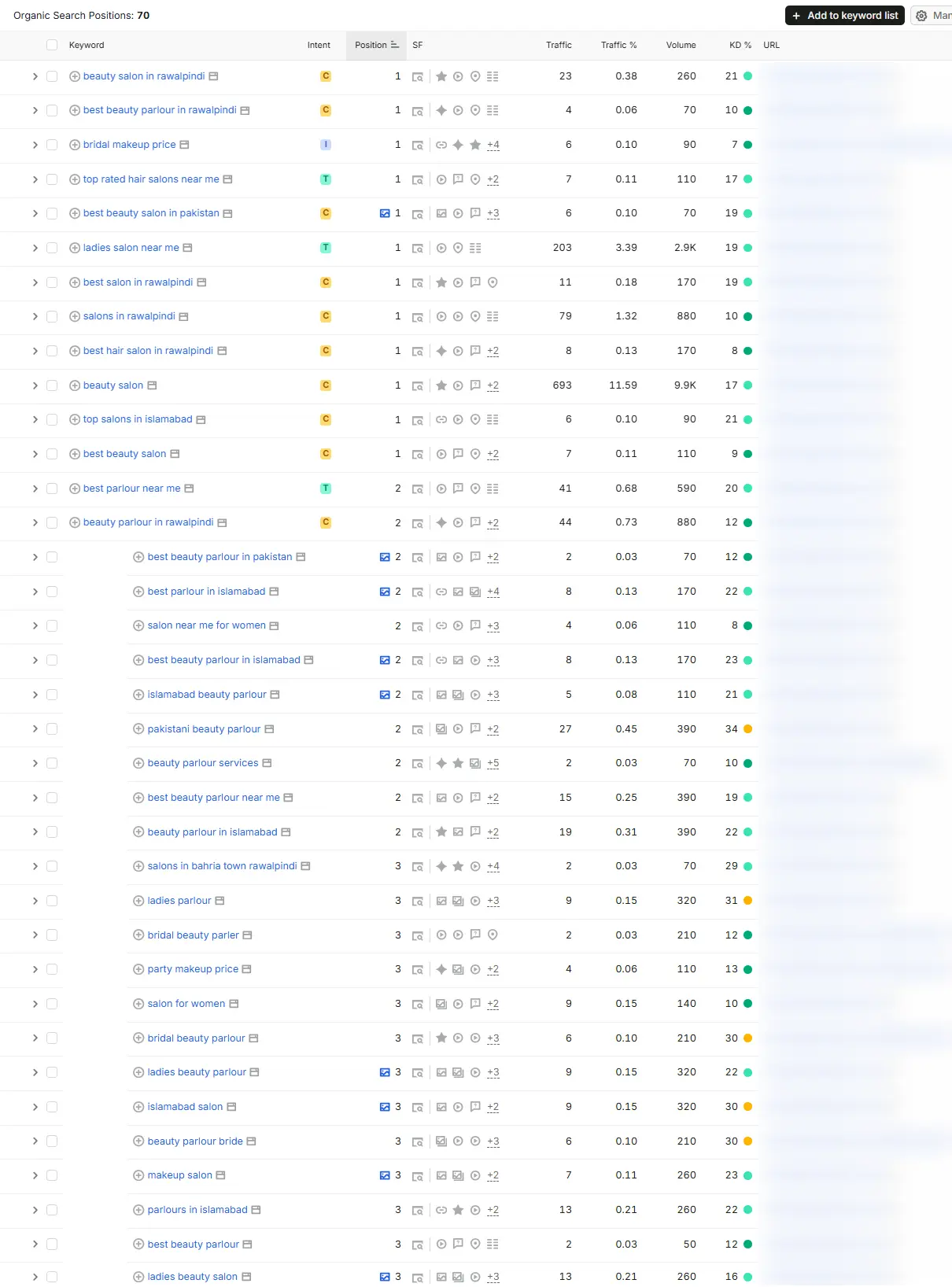 Keyword ranking positions and traffic for Sofi Beauty Salon Rawalpindi Islamabad SEO