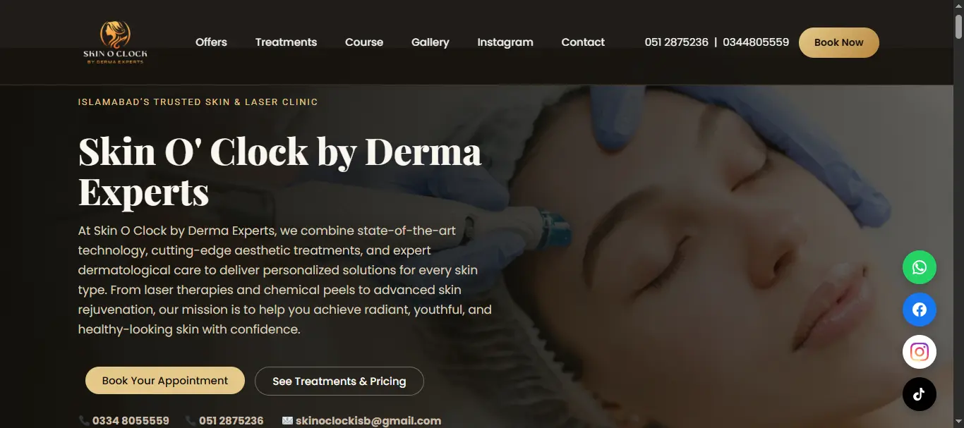 Website Design for Clinics and Doctors 1 Skin O'Clock dermatology clinic website homepage design by NexPrime Agency