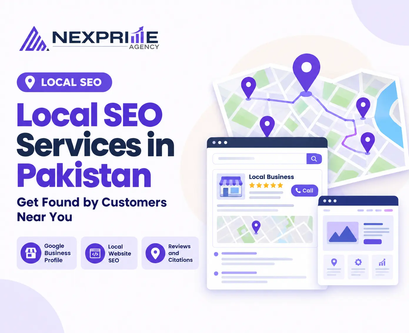 Local SEO services in Pakistan by NexPrime Agency: a city map with location pins, a business listing with reviews and a local website page